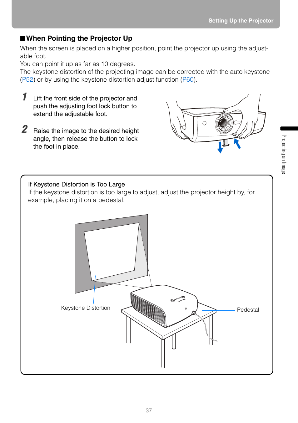 When pointing the projector up, Lock button | Canon REALiS SX80 Mark II D User Manual | Page 37 / 168