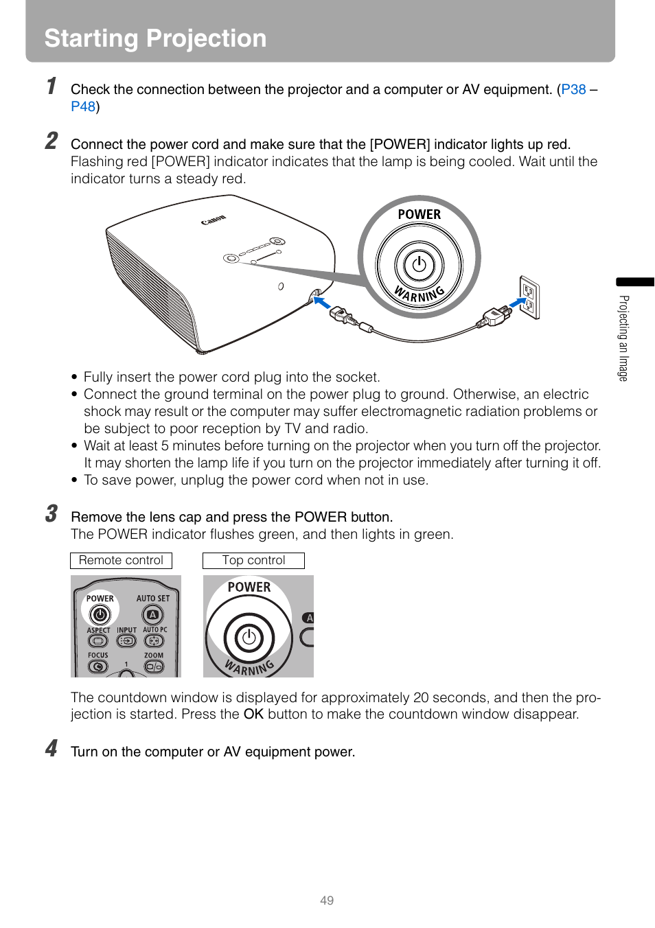 Starting projection, Lamp | Canon REALiS SX80 Mark II D User Manual | Page 49 / 168