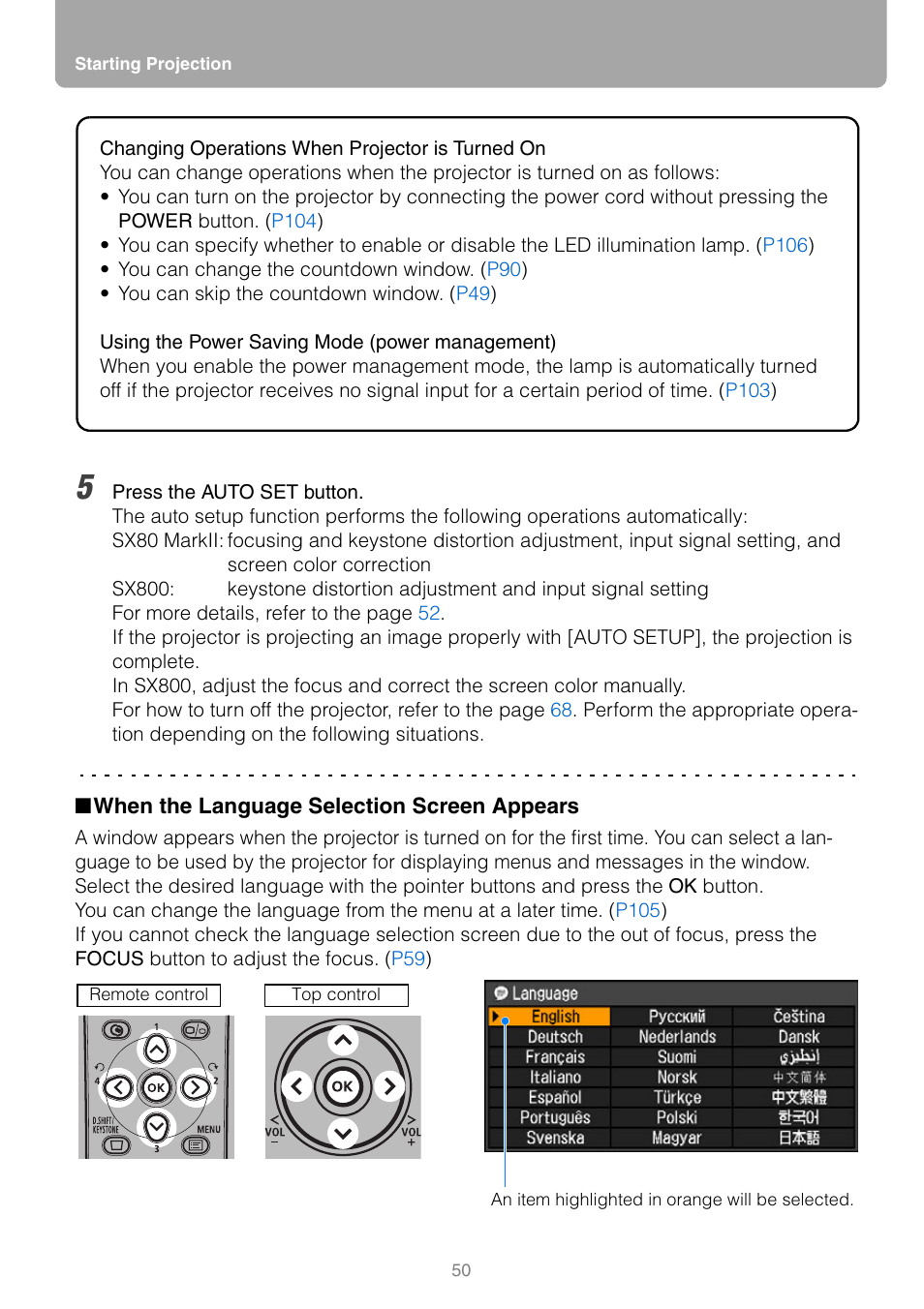 When the language selection screen appears | Canon REALiS SX80 Mark II D User Manual | Page 50 / 168