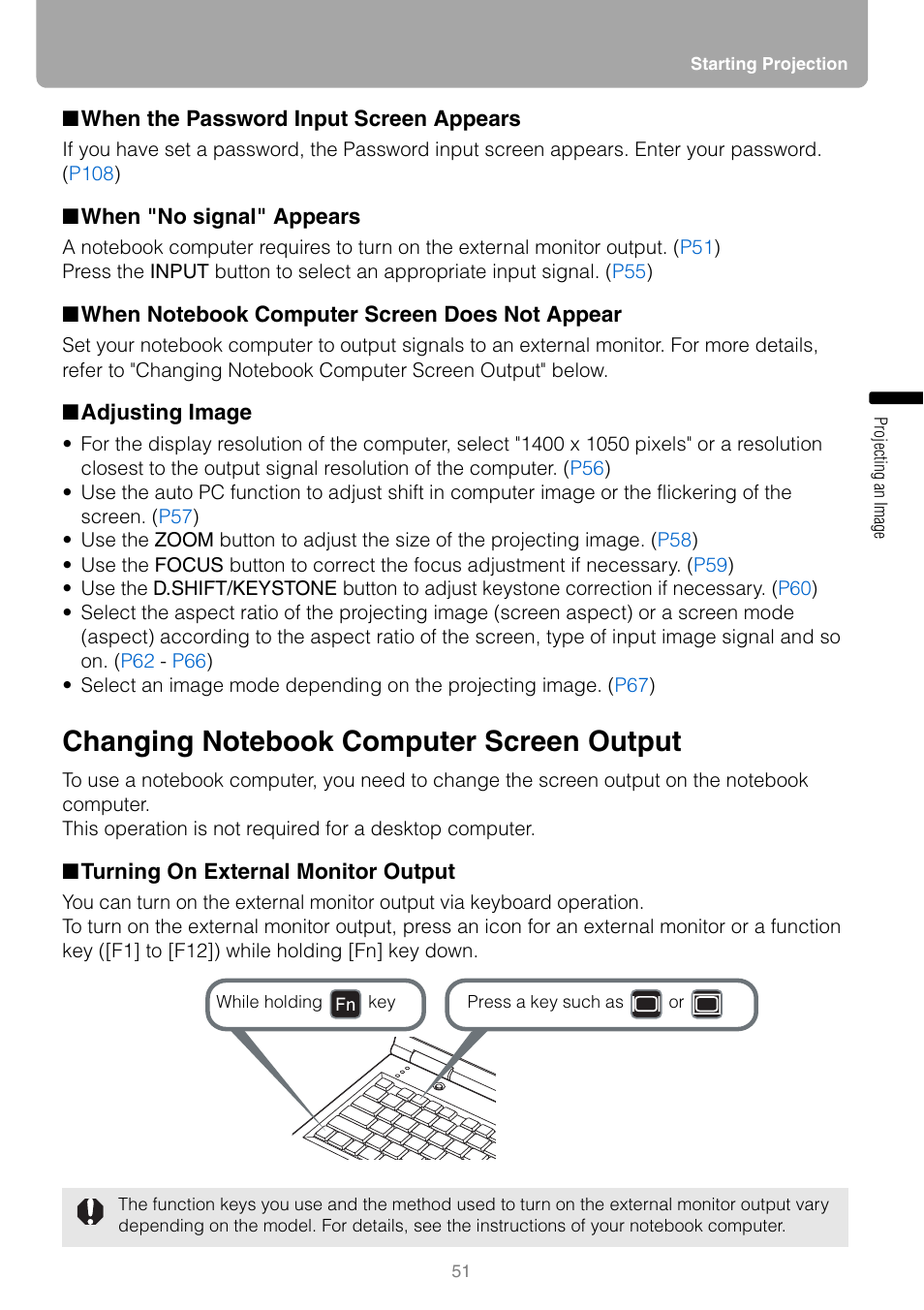 When the password input screen appears, When "no signal" appears, When notebook computer screen does not appear | Adjusting image, Changing notebook computer screen output, Turning on external monitor output, Tor output | Canon REALiS SX80 Mark II D User Manual | Page 51 / 168