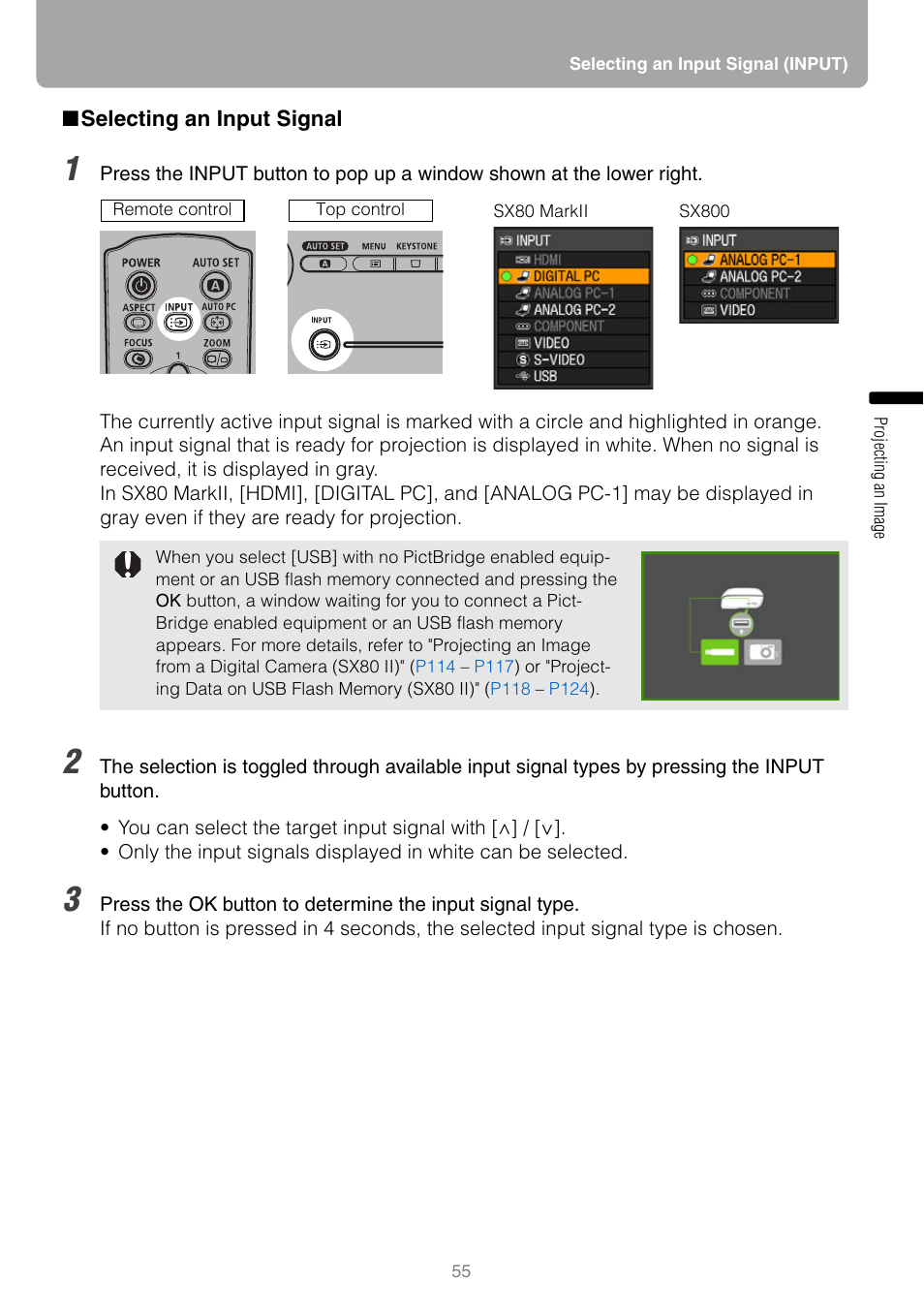 Selecting an input signal, T signal | Canon REALiS SX80 Mark II D User Manual | Page 55 / 168