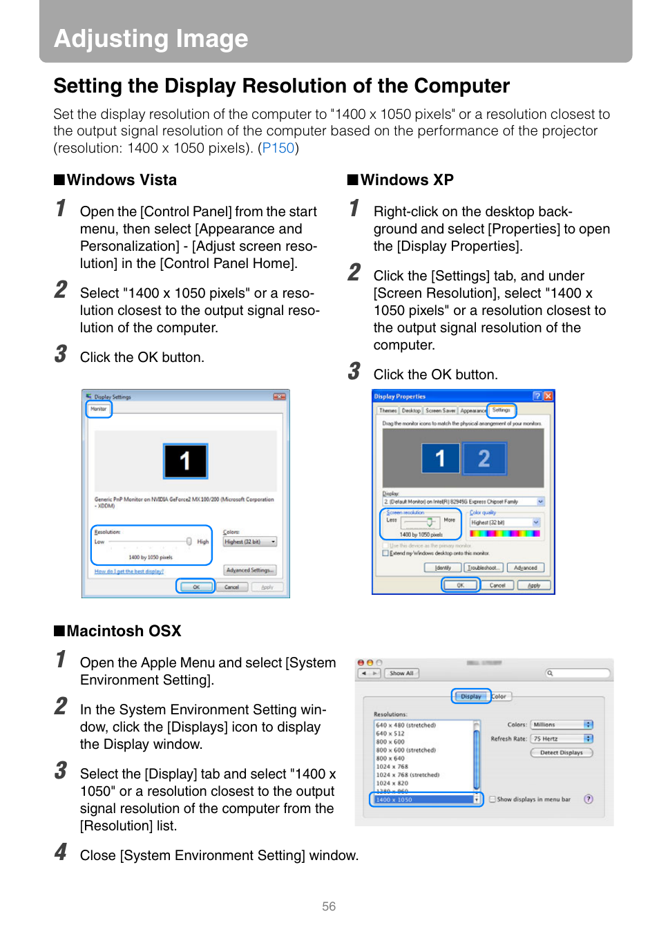 Adjusting image, Setting the display resolution of the computer, Windows vista | Windows xp, Macintosh osx | Canon REALiS SX80 Mark II D User Manual | Page 56 / 168