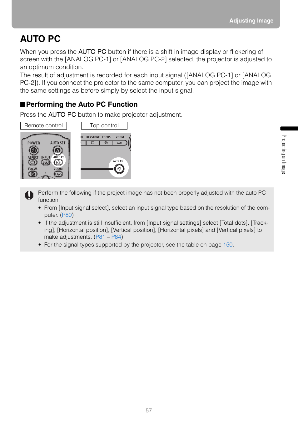 Auto pc, Performing the auto pc function | Canon REALiS SX80 Mark II D User Manual | Page 57 / 168