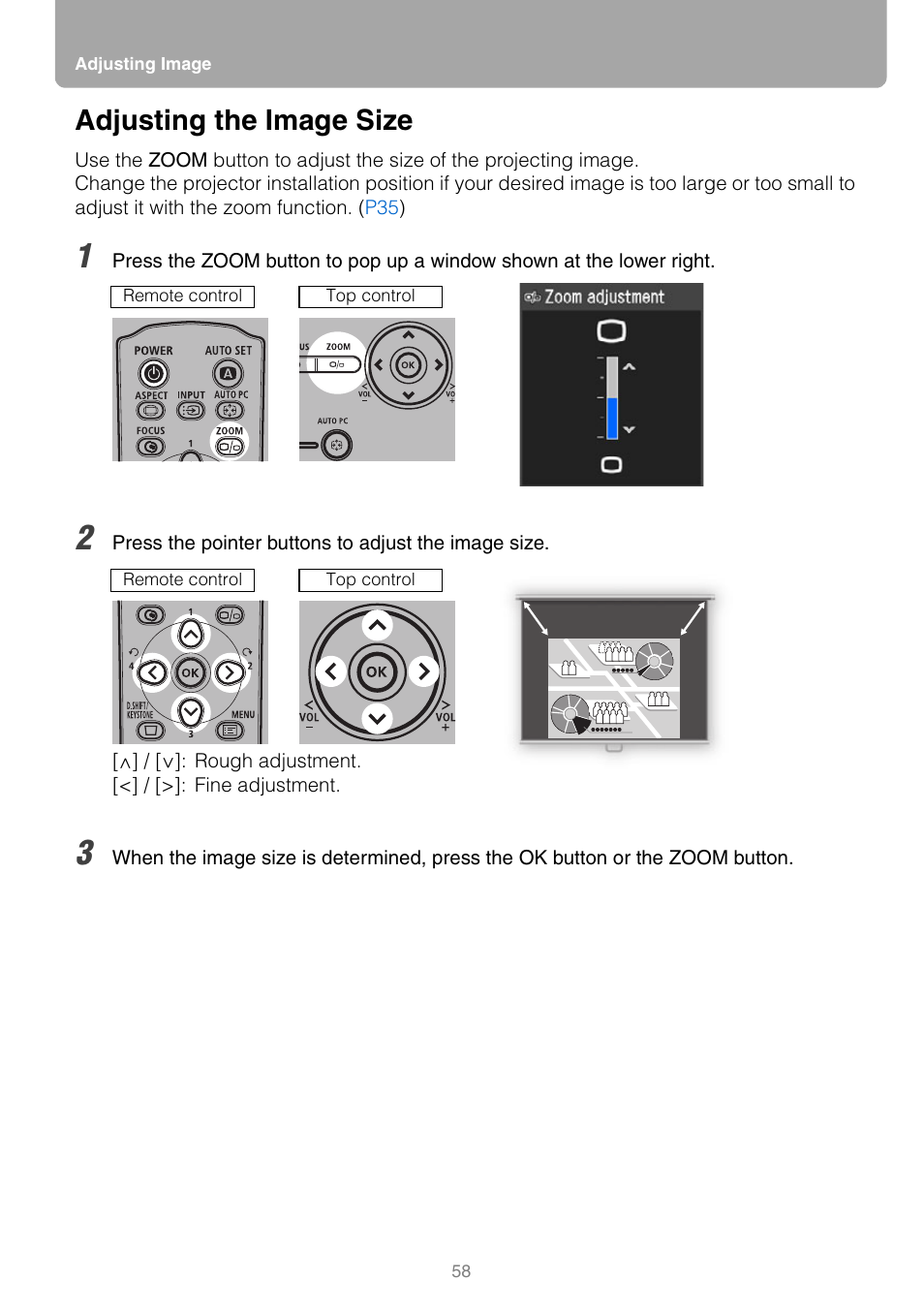 Adjusting the image size | Canon REALiS SX80 Mark II D User Manual | Page 58 / 168