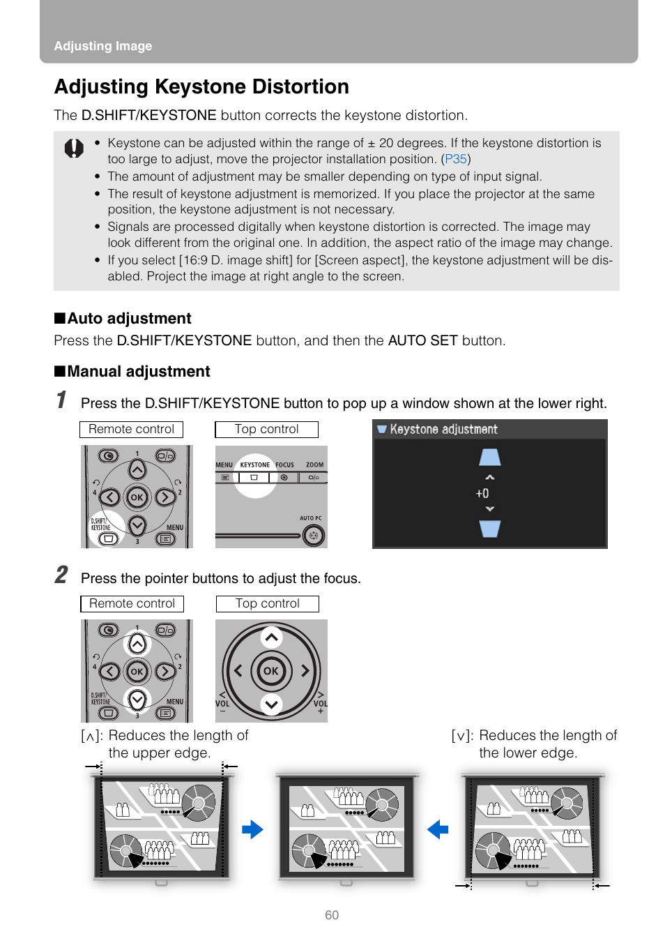 Adjusting keystone distortion, Auto adjustment, Manual adjustment | Tton | Canon REALiS SX80 Mark II D User Manual | Page 60 / 168