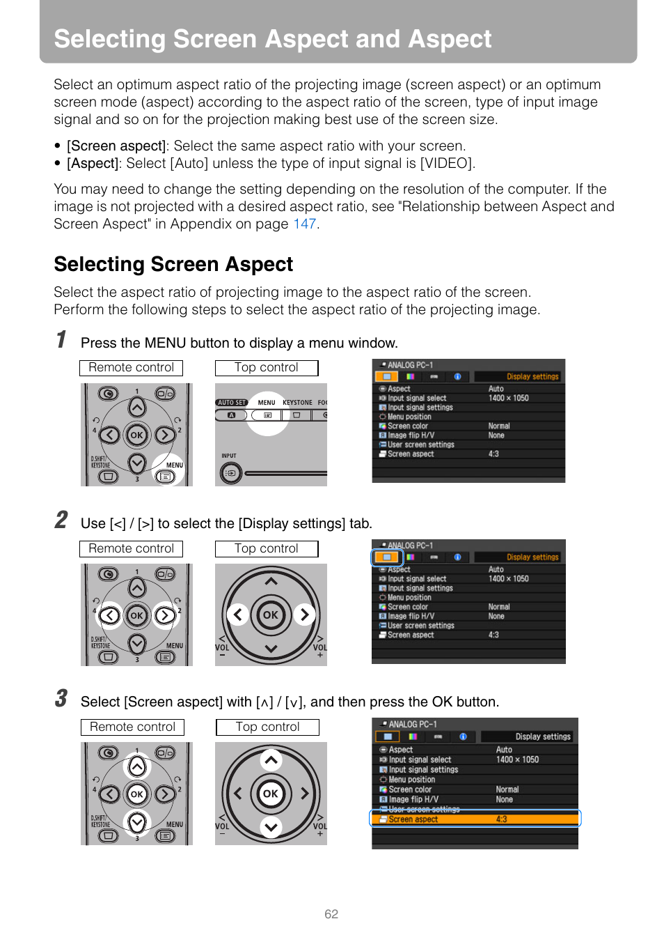 Selecting screen aspect and aspect, Selecting screen aspect | Canon REALiS SX80 Mark II D User Manual | Page 62 / 168