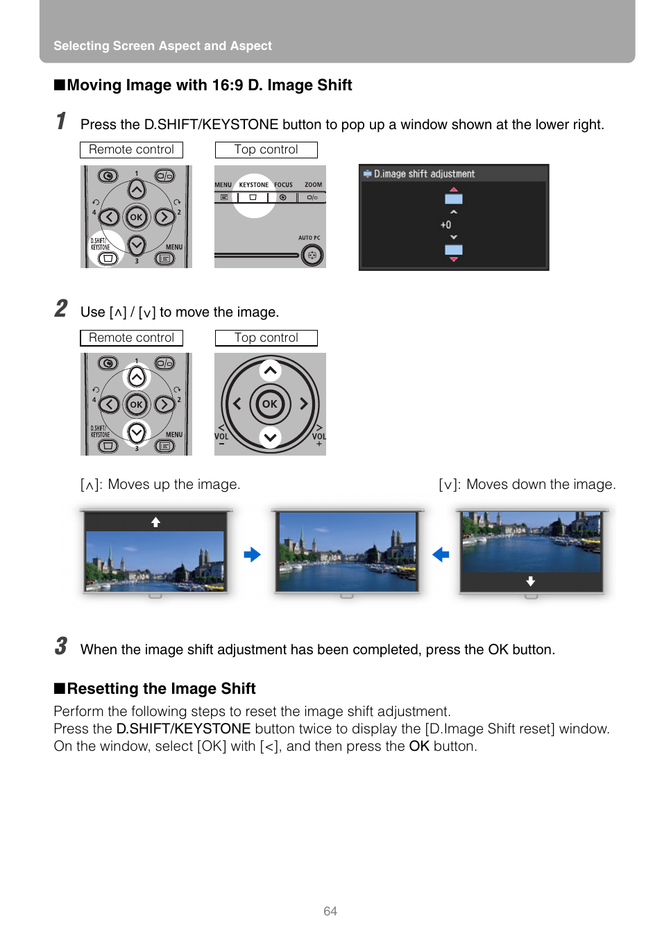 Moving image with 16:9 d. image shift, Resetting the image shift | Canon REALiS SX80 Mark II D User Manual | Page 64 / 168