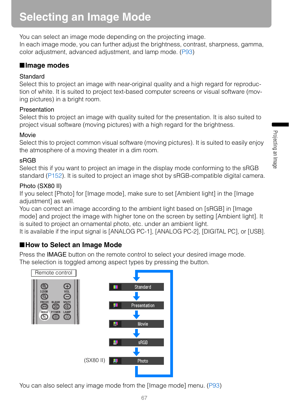 Selecting an image mode, Image modes, How to select an image mode | Canon REALiS SX80 Mark II D User Manual | Page 67 / 168