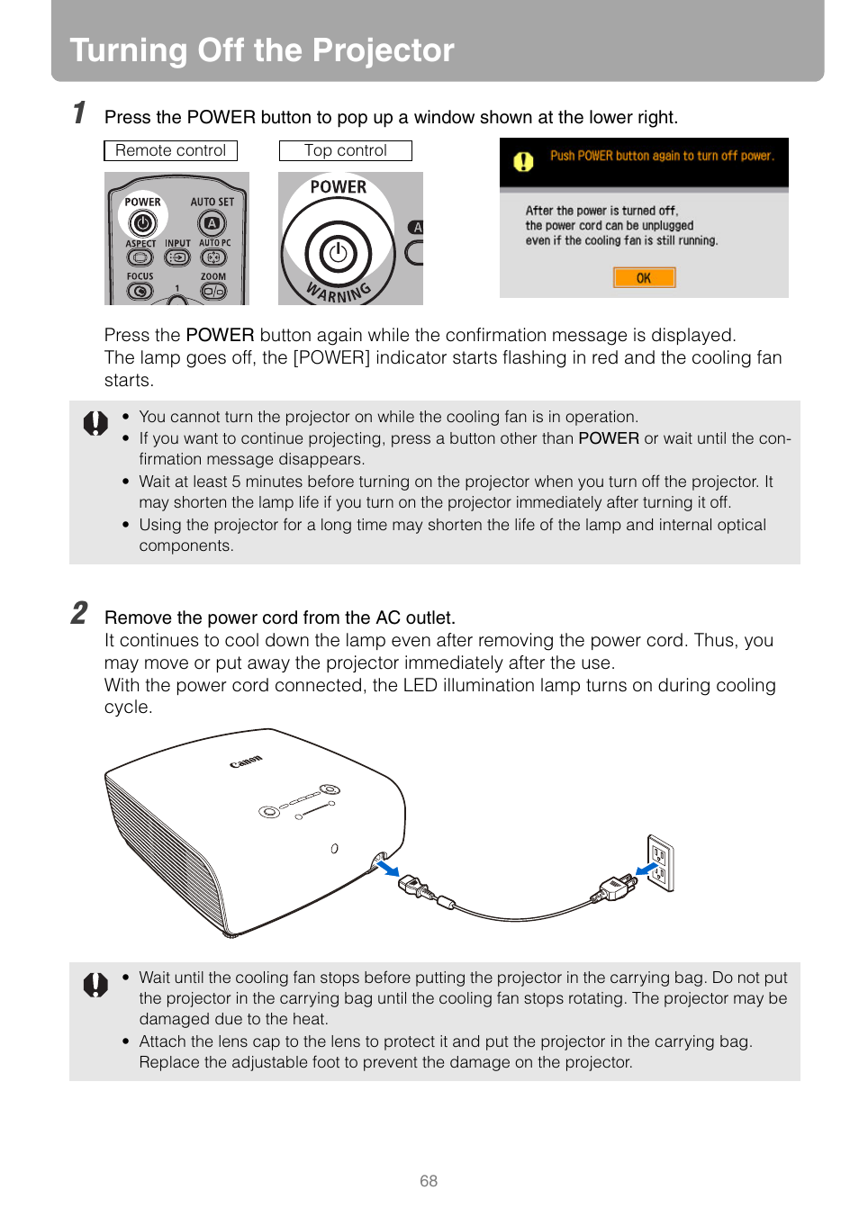 Turning off the projector | Canon REALiS SX80 Mark II D User Manual | Page 68 / 168