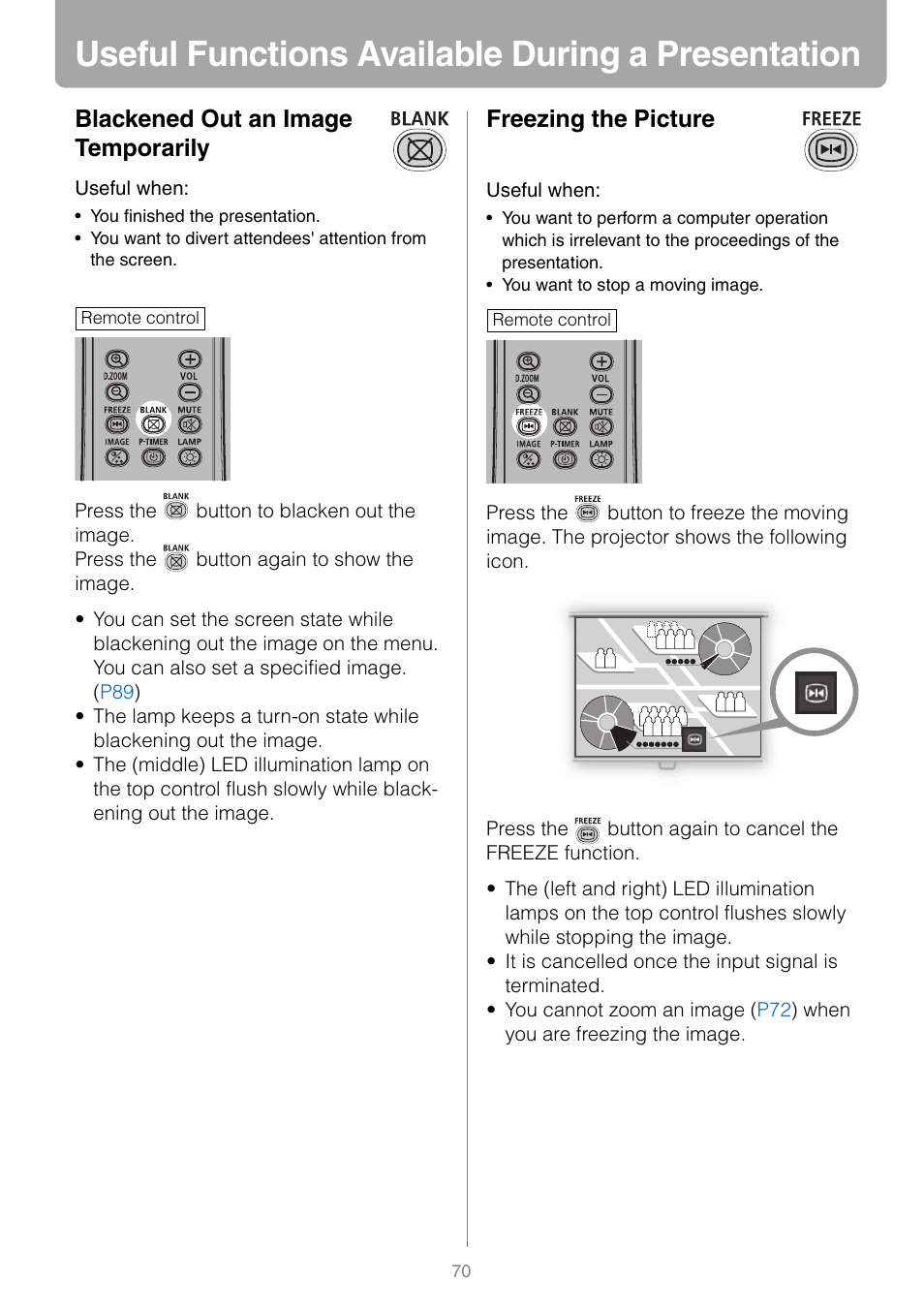 Useful functions available during a presentation, Blackened out an image temporarily, Freezing the picture | Tton | Canon REALiS SX80 Mark II D User Manual | Page 70 / 168