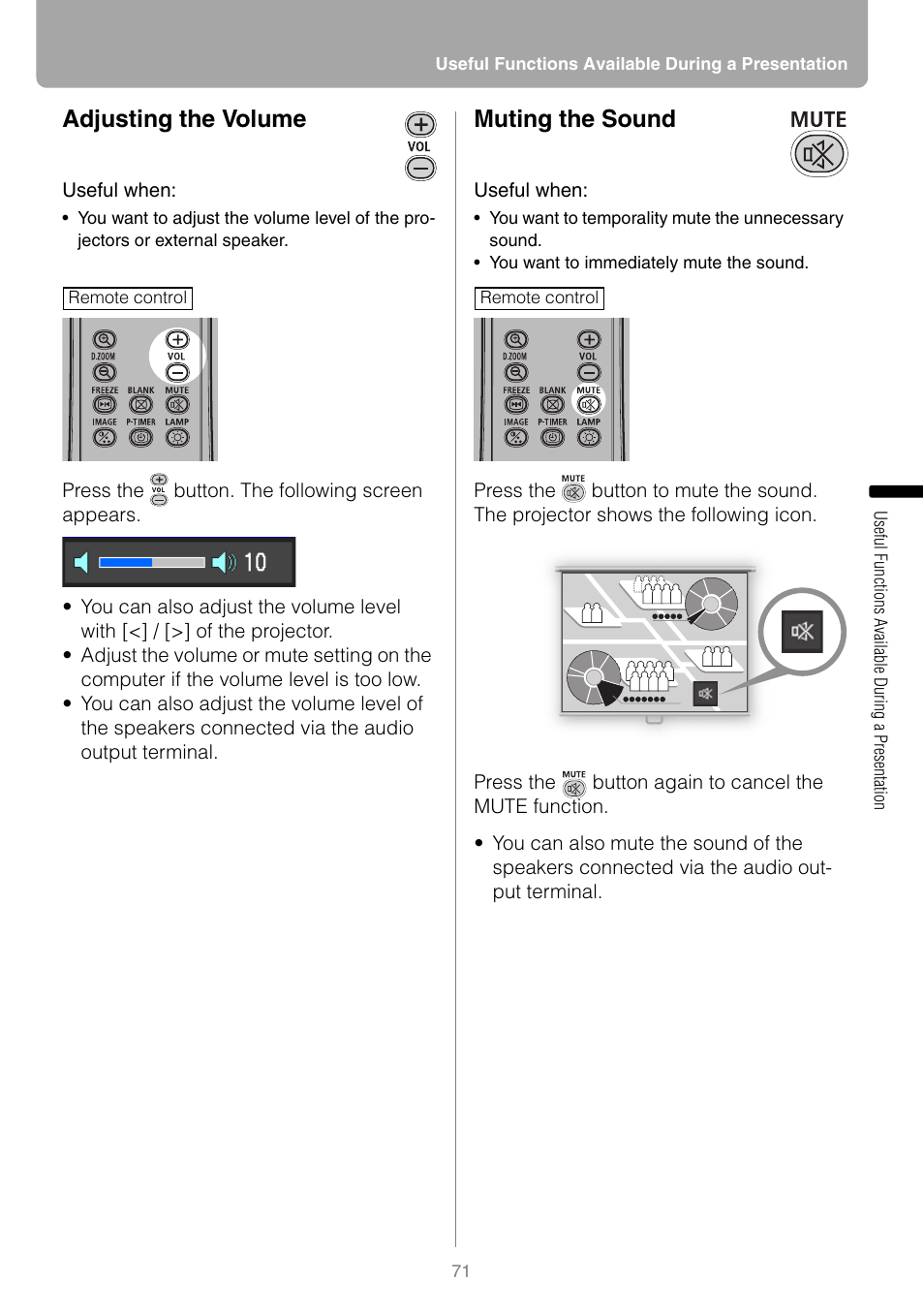 Adjusting the volume, Muting the sound | Canon REALiS SX80 Mark II D User Manual | Page 71 / 168