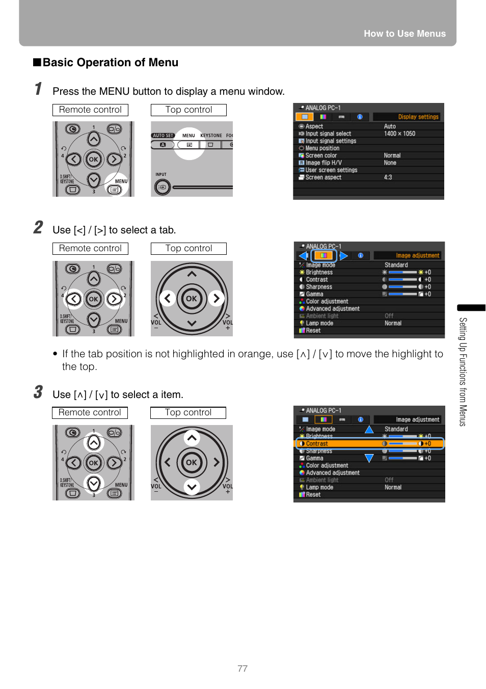 Basic operation of menu, Ttons | Canon REALiS SX80 Mark II D User Manual | Page 77 / 168