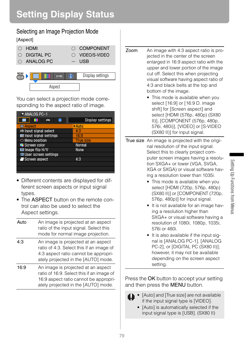Setting display status, Selecting an image projection mode | Canon REALiS SX80 Mark II D User Manual | Page 79 / 168