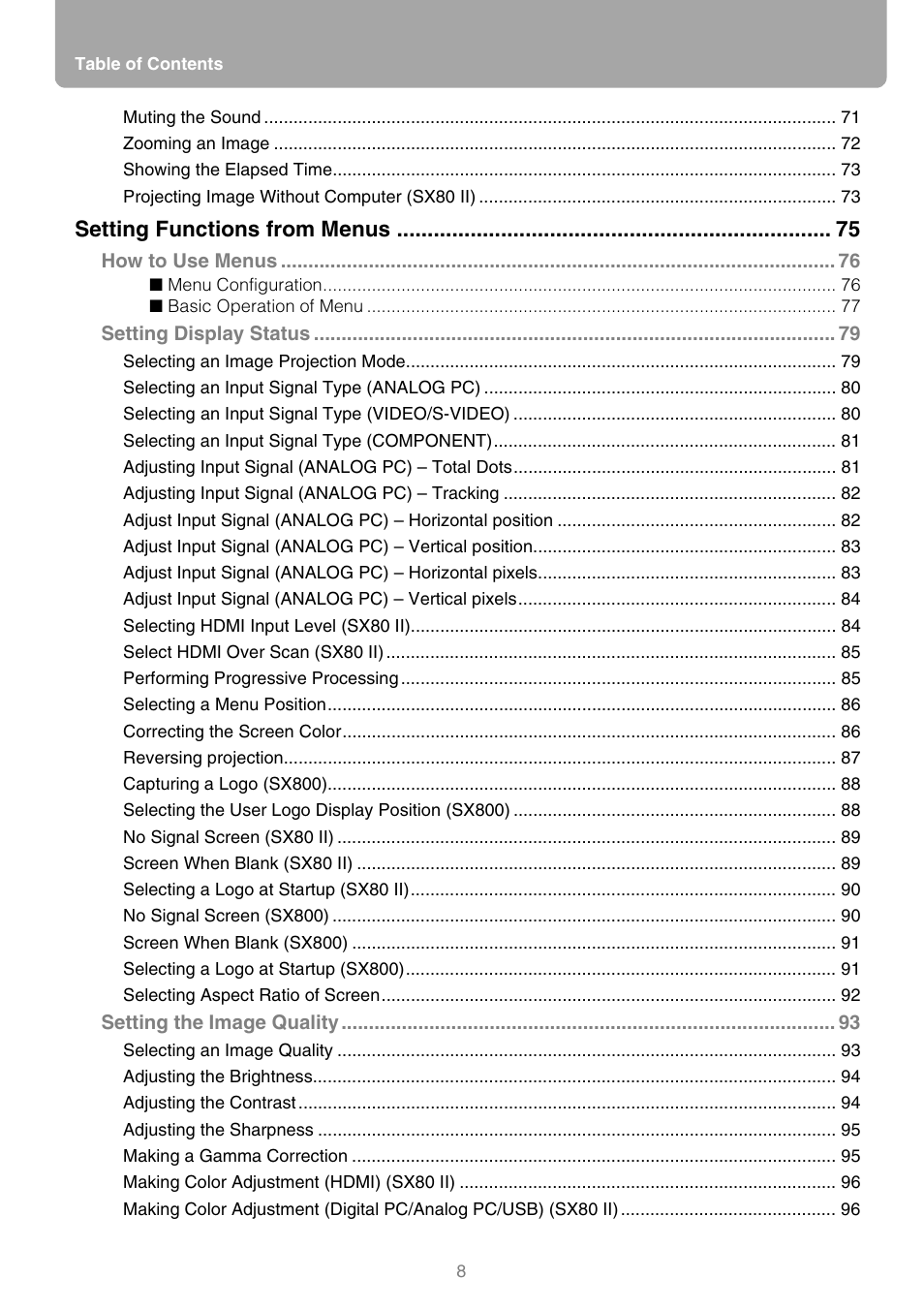 Setting functions from menus | Canon REALiS SX80 Mark II D User Manual | Page 8 / 168