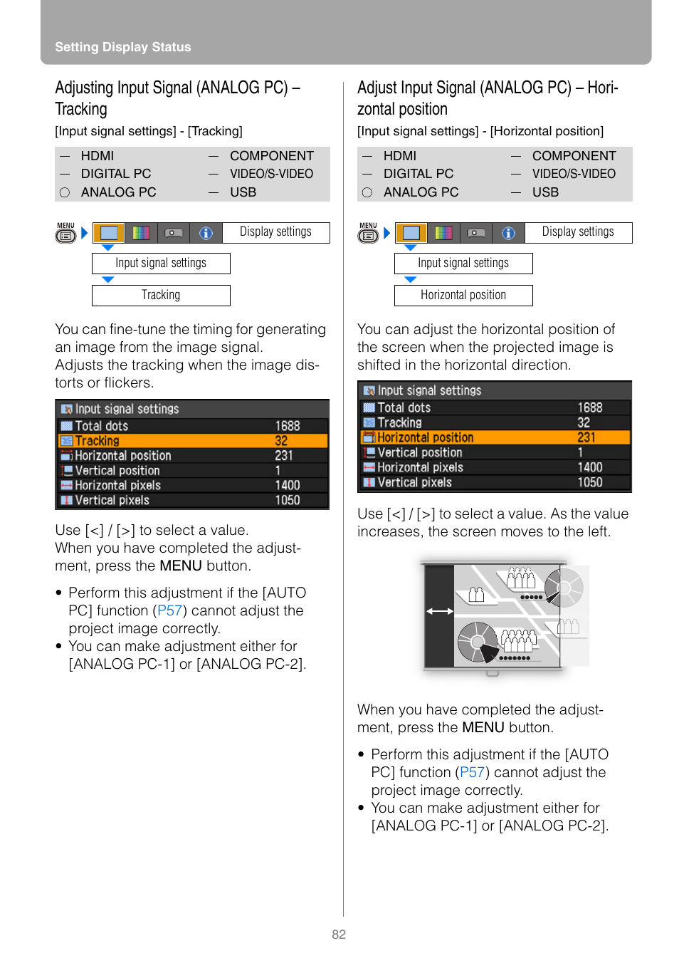 Adjusting input signal (analog pc) - tracking, Adjusting input signal (analog pc) – tracking | Canon REALiS SX80 Mark II D User Manual | Page 82 / 168