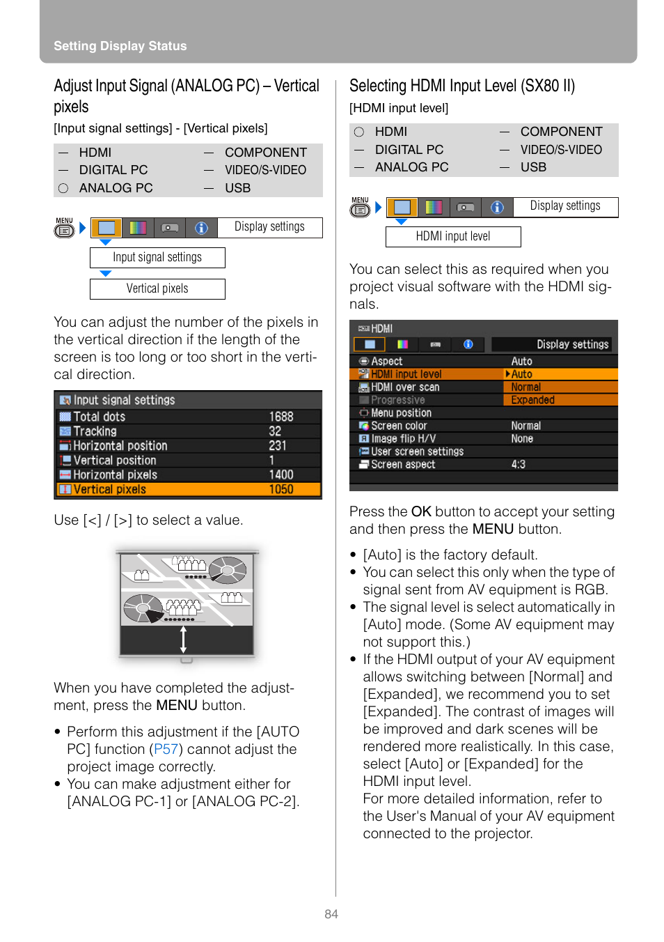 Adjust input signal (analog pc) - vertical pixels, Selecting hdmi input level (sx80 ii), Adjust input signal (analog pc) – vertical pixels | Canon REALiS SX80 Mark II D User Manual | Page 84 / 168