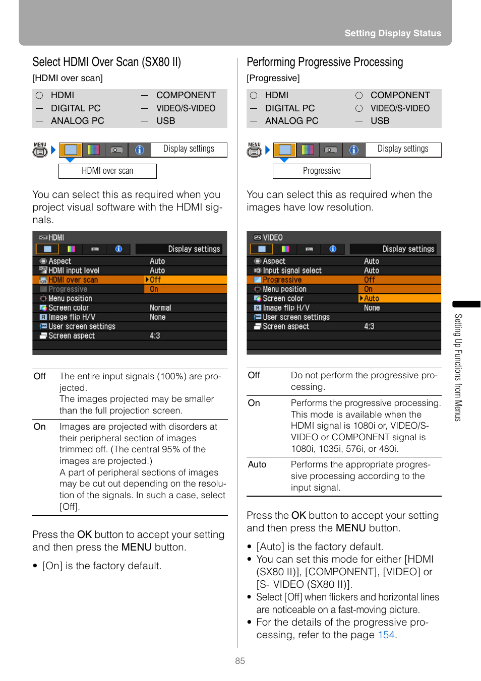 Select hdmi over scan (sx80 ii), Performing progressive processing | Canon REALiS SX80 Mark II D User Manual | Page 85 / 168