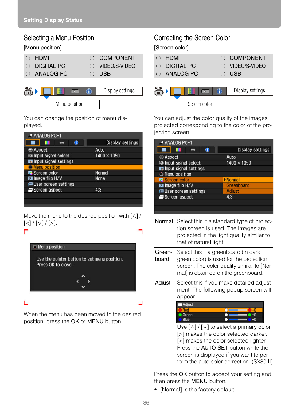 Selecting a menu position, Correcting the screen color | Canon REALiS SX80 Mark II D User Manual | Page 86 / 168