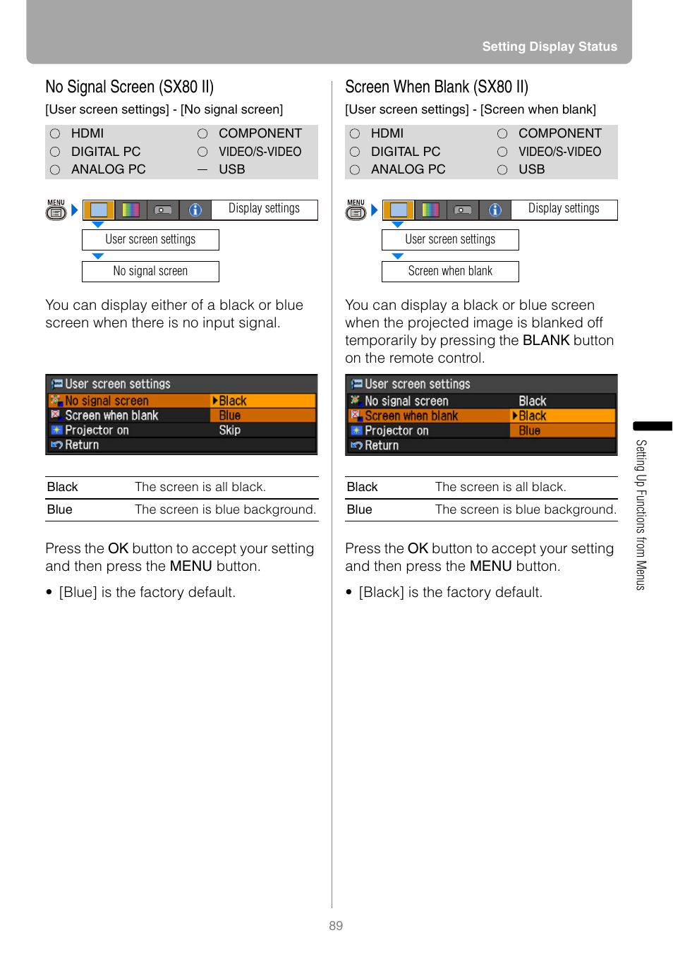 No signal screen (sx80 ii), Screen when blank (sx80 ii) | Canon REALiS SX80 Mark II D User Manual | Page 89 / 168