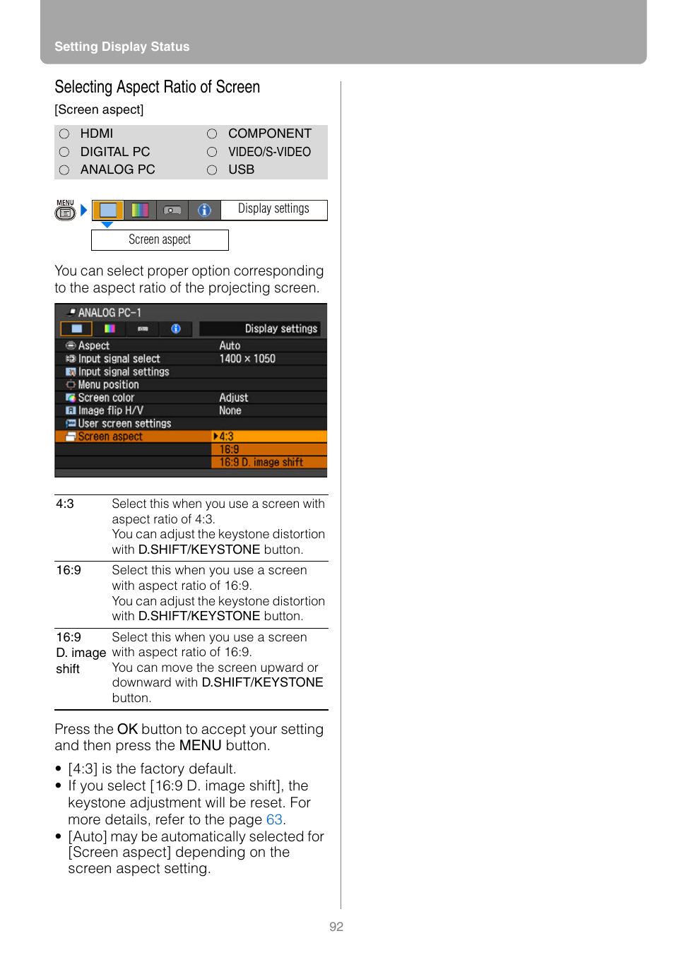 Selecting aspect ratio of screen | Canon REALiS SX80 Mark II D User Manual | Page 92 / 168