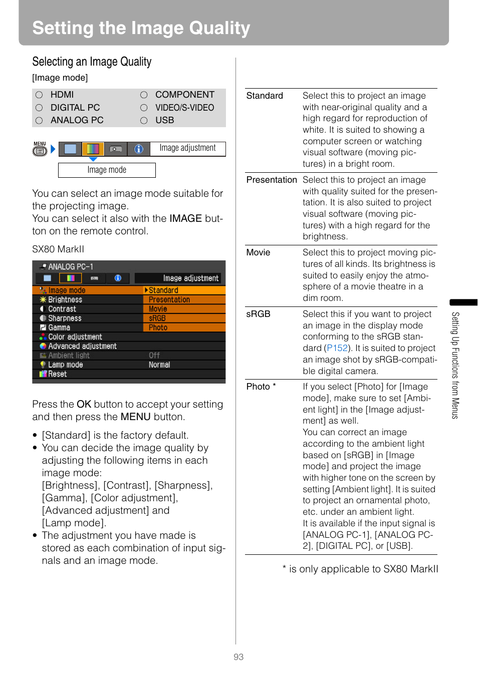 Setting the image quality, Selecting an image quality | Canon REALiS SX80 Mark II D User Manual | Page 93 / 168