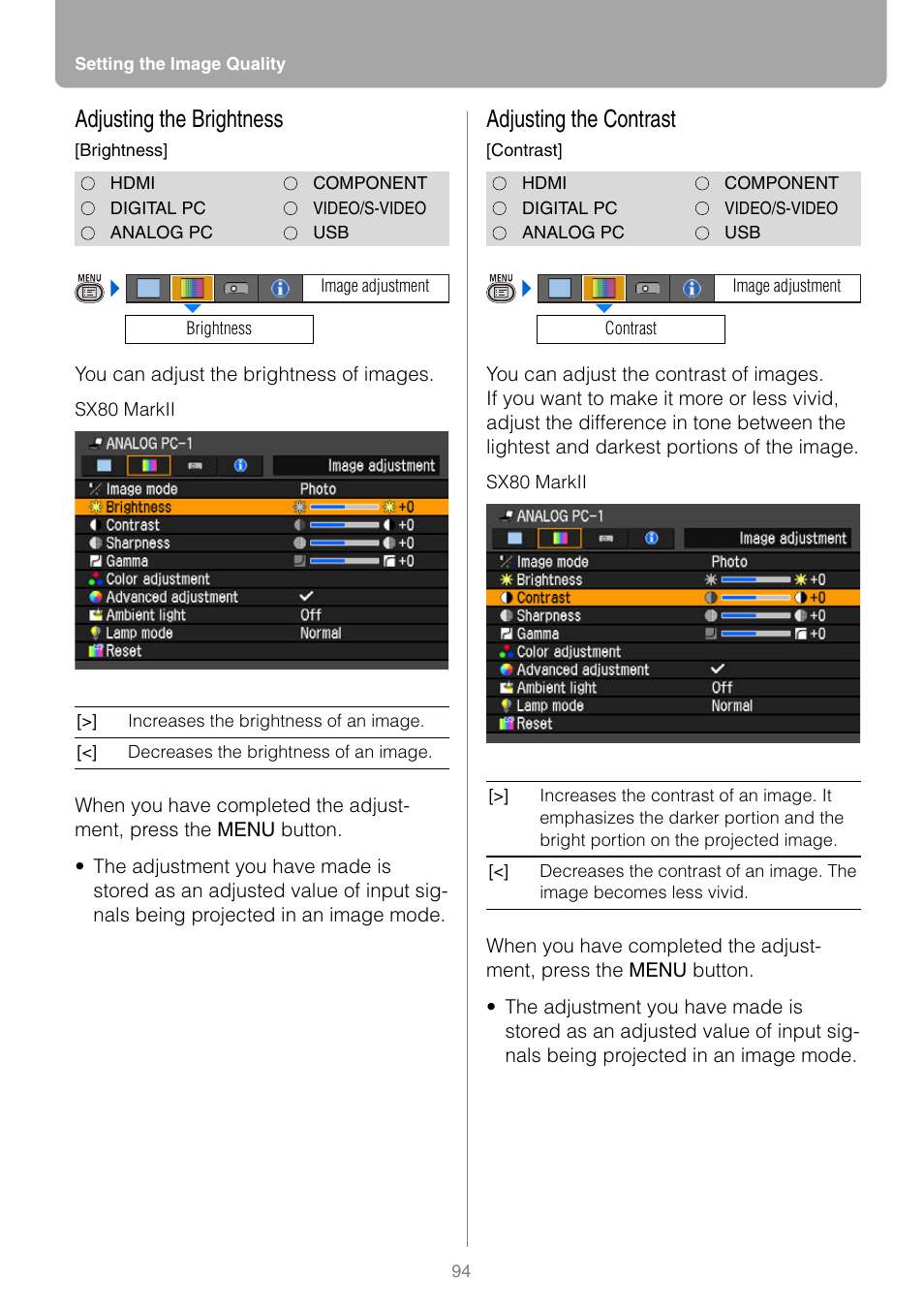 Adjusting the brightness, Adjusting the contrast | Canon REALiS SX80 Mark II D User Manual | Page 94 / 168