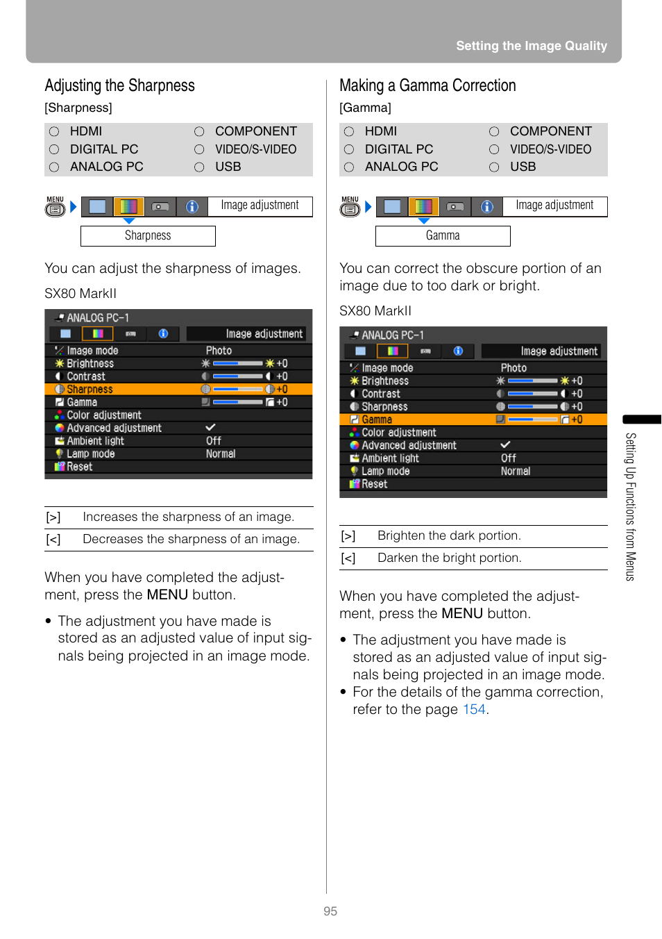 Adjusting the sharpness, Making a gamma correction | Canon REALiS SX80 Mark II D User Manual | Page 95 / 168