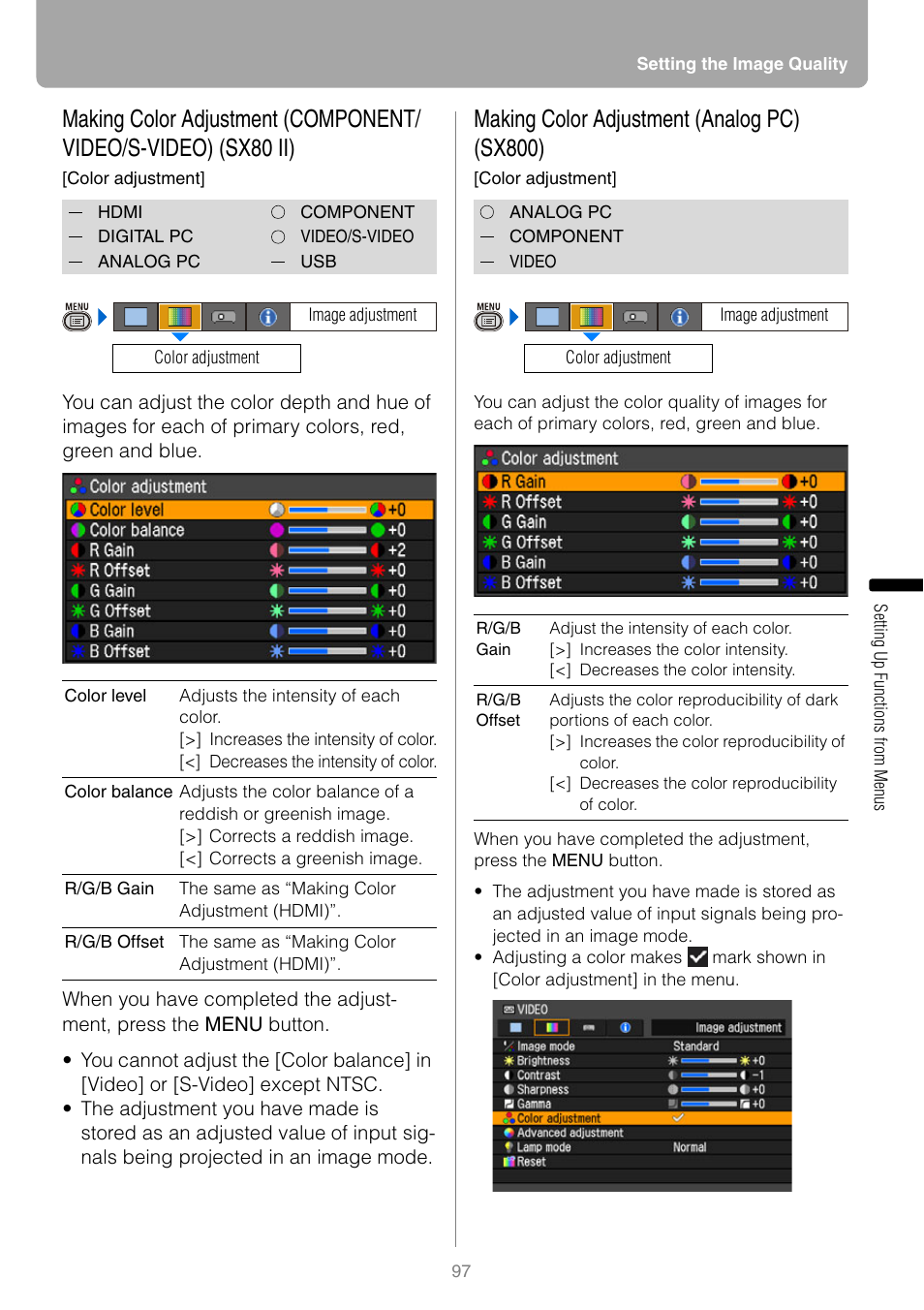 Making color adjustment (analog pc) (sx800) | Canon REALiS SX80 Mark II D User Manual | Page 97 / 168