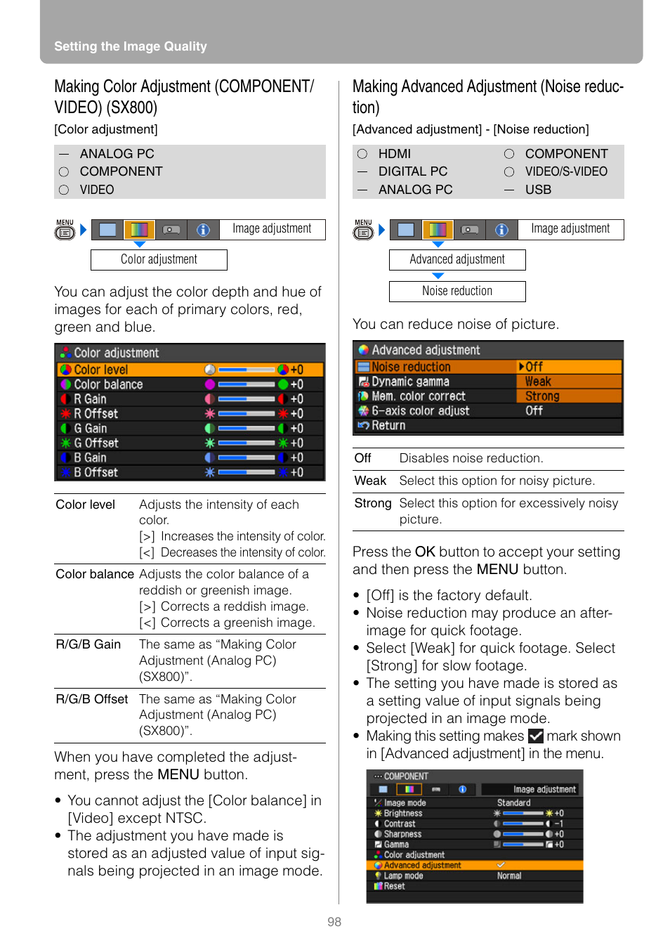 Making color adjustment (component/video) (sx800), Making advanced adjustment (noise reduction), Making color adjustment (component/ video) (sx800) | Making advanced adjustment (noise reduc- tion) | Canon REALiS SX80 Mark II D User Manual | Page 98 / 168