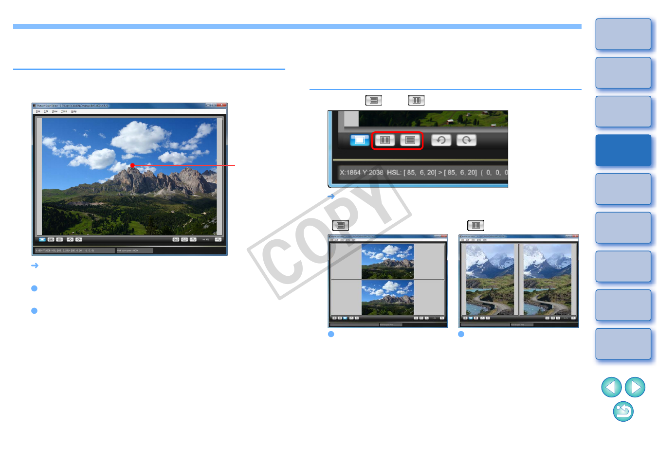 Enlarging a specific area, Adjusting while comparing with the original image, P.6) | Cop y | Canon EOS Rebel T3i 18-55mm IS II Lens Kit User Manual | Page 7 / 19