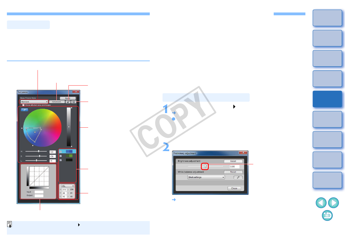 Pre-adjusting the images, Pre-adjustments, Tool palette | Correcting the brightness, P.8, p.14, Cop y | Canon EOS Rebel T3i 18-55mm IS II Lens Kit User Manual | Page 9 / 19