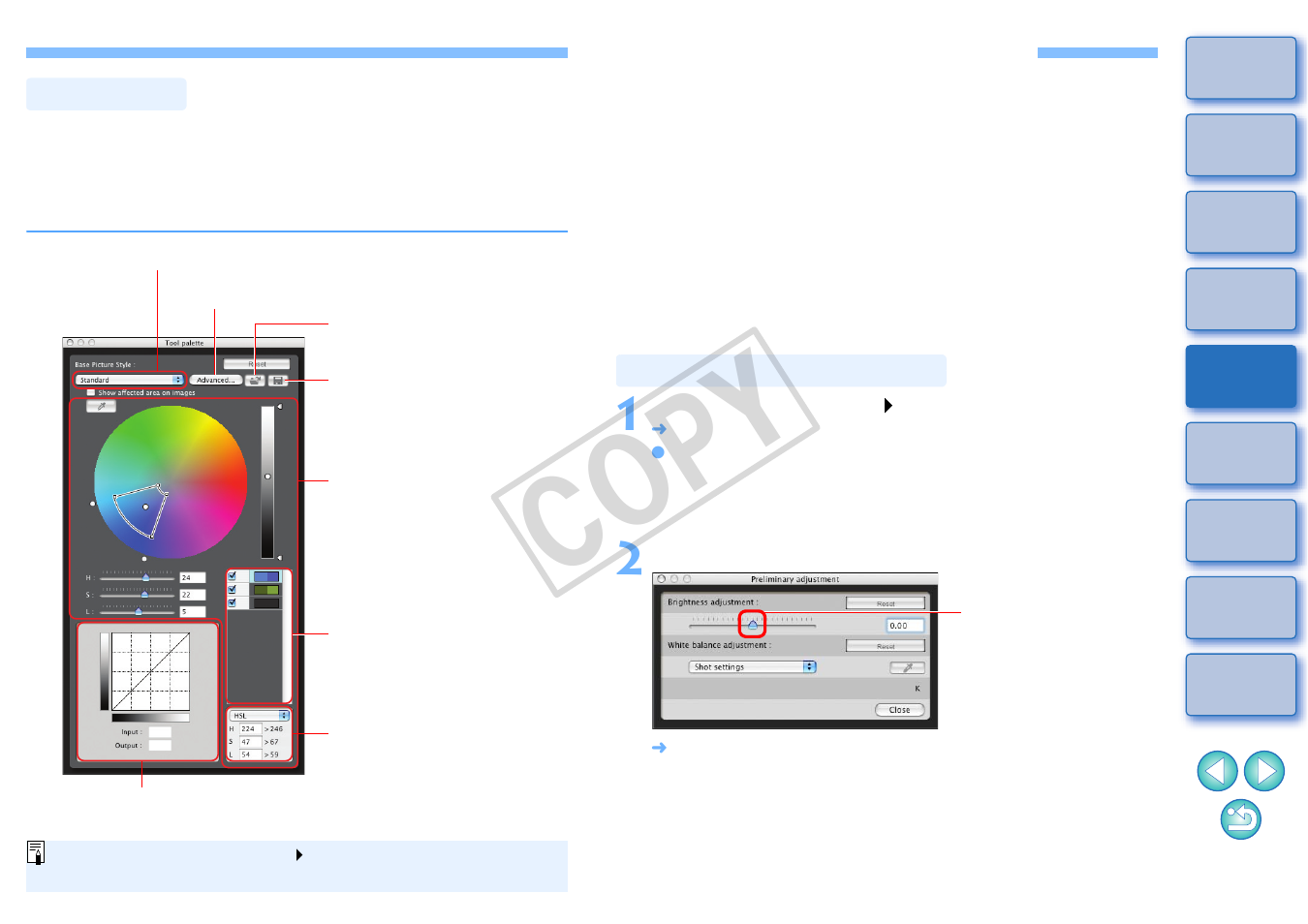 Pre-adjusting the images, Pre-adjustments, Tool palette | Correcting the brightness, P.8, p.14, Cop y | Canon EOS Rebel T3 18-55mm IS II Lens Kit User Manual | Page 9 / 19