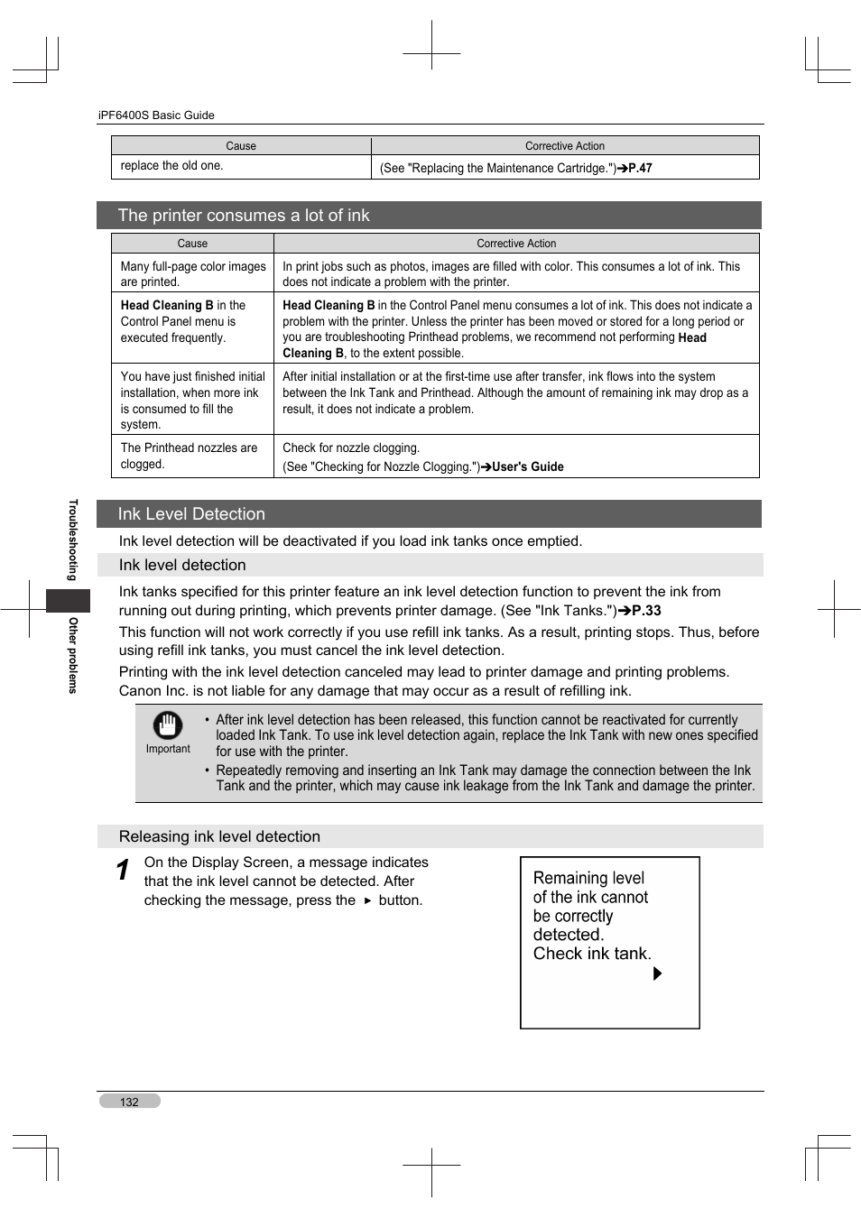 The printer consumes a lot of ink, Ink level detection | Canon imagePROGRAF iPF6400S User Manual | Page 132 / 164