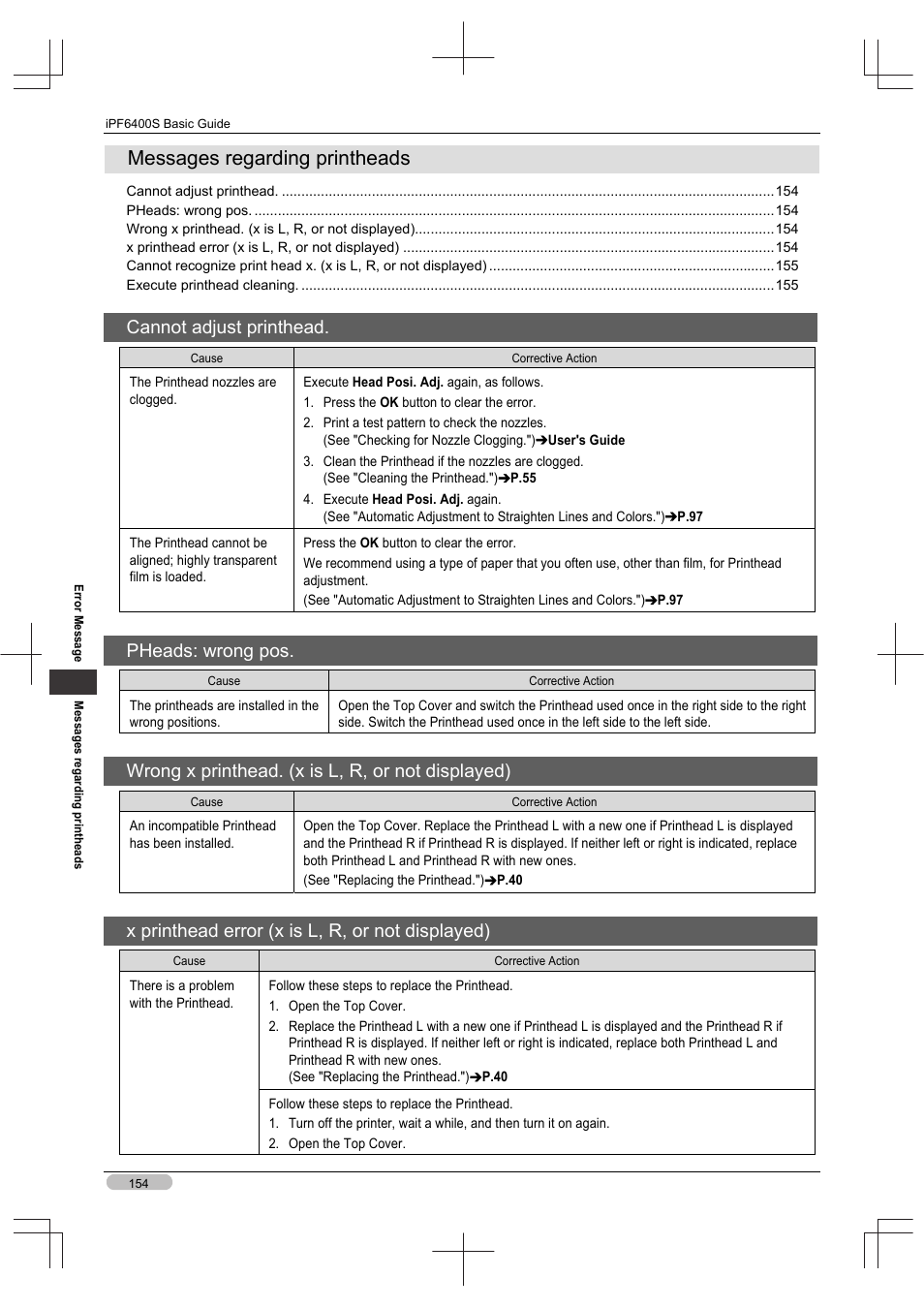 Messages regarding printheads, Cannot adjust printhead, Pheads: wrong pos | Wrong x printhead. (x is l, r, or not displayed), X printhead error (x is l, r, or not displayed) | Canon imagePROGRAF iPF6400S User Manual | Page 154 / 164