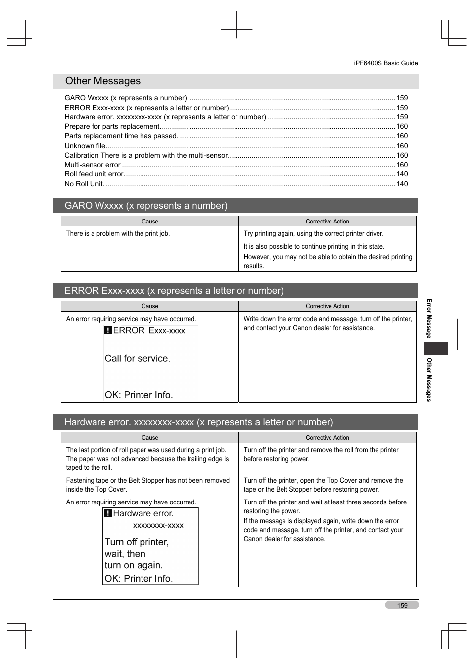 Other messages | Canon imagePROGRAF iPF6400S User Manual | Page 159 / 164