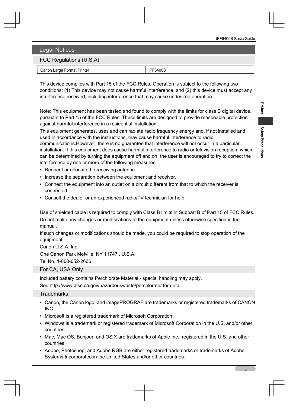 Legal notices | Canon imagePROGRAF iPF6400S User Manual | Page 5 / 164