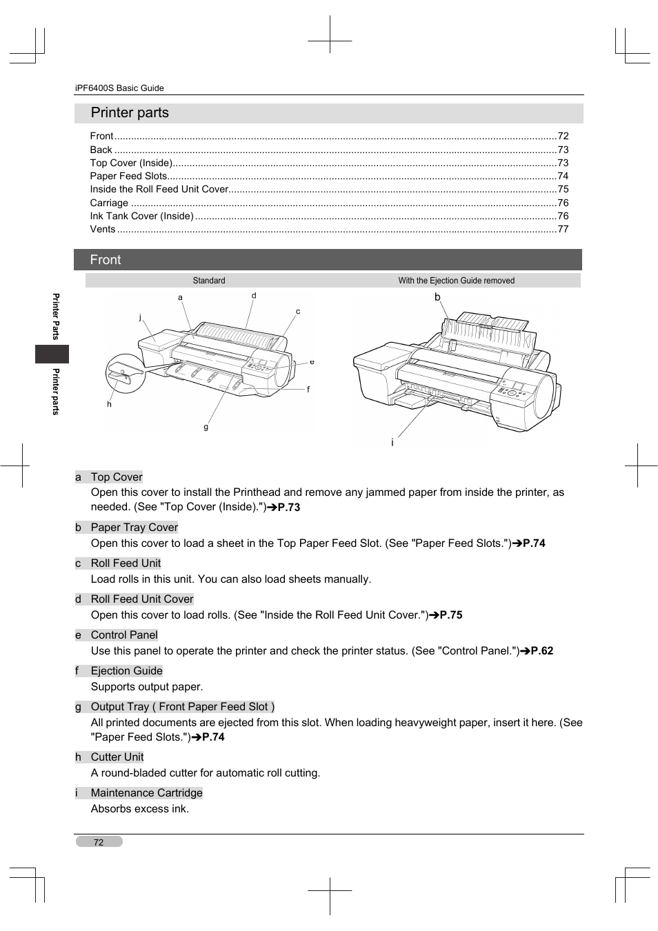 Printer parts, Front | Canon imagePROGRAF iPF6400S User Manual | Page 72 / 164