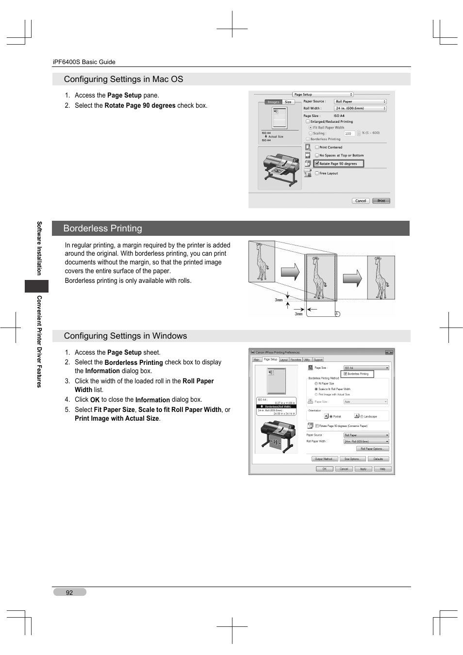 Borderless printing, Configuring settings in mac os, Configuring settings in windows | Canon imagePROGRAF iPF6400S User Manual | Page 92 / 164