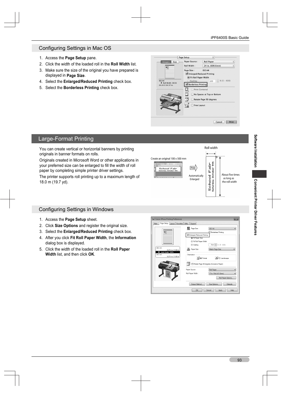 Large-format printing, Configuring settings in mac os, Configuring settings in windows | Canon imagePROGRAF iPF6400S User Manual | Page 93 / 164