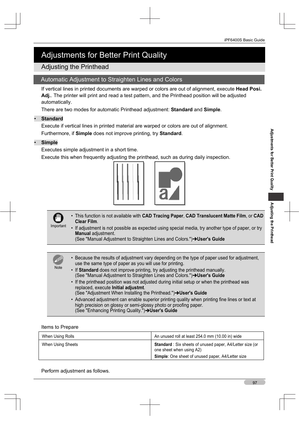 Adjustments for better print quality, Adjusting the printhead | Canon imagePROGRAF iPF6400S User Manual | Page 97 / 164