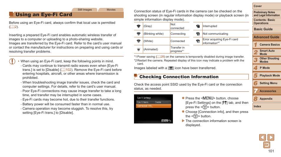 Using an eye-fi card, Checking connection information | Canon PowerShot A2600 User Manual | Page 101 / 124