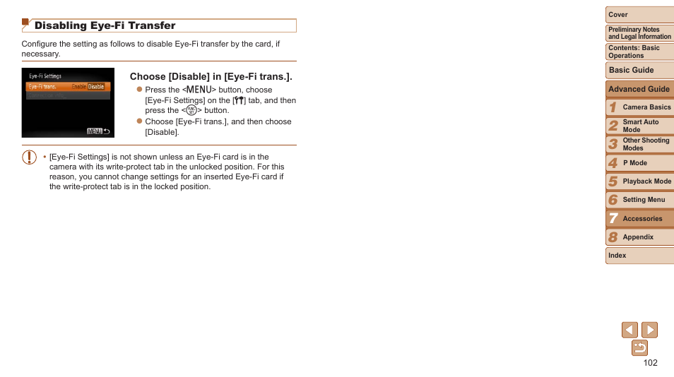 Trans.] is set to [disable, Remove the eye-fi card before | Canon PowerShot A2600 User Manual | Page 102 / 124
