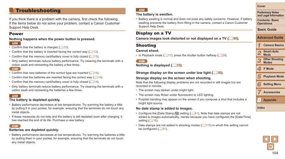 Troubleshooting, Power, Display on a tv | Shooting | Canon PowerShot A2600 User Manual | Page 104 / 124