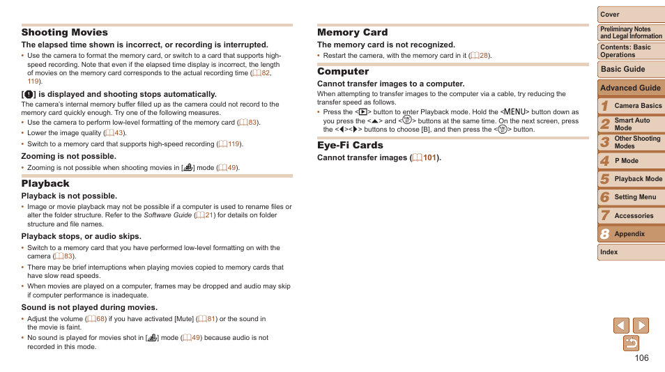 Shooting movies, Playback, Computer | Eye-fi cards | Canon PowerShot A2600 User Manual | Page 106 / 124