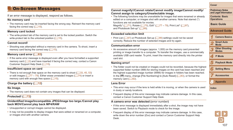 On-screen messages | Canon PowerShot A2600 User Manual | Page 107 / 124