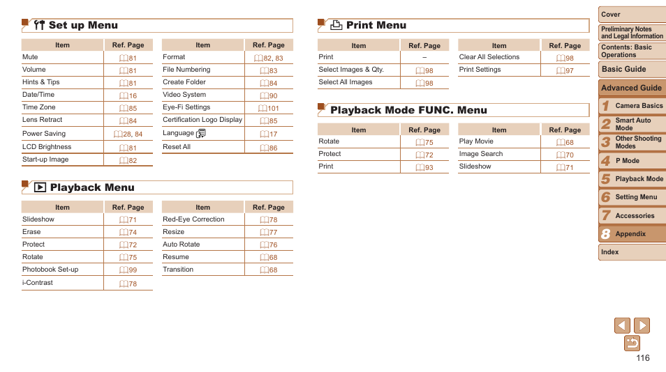 2 print menu, Playback mode func. menu, 3 set up menu | 1 playback menu | Canon PowerShot A2600 User Manual | Page 116 / 124