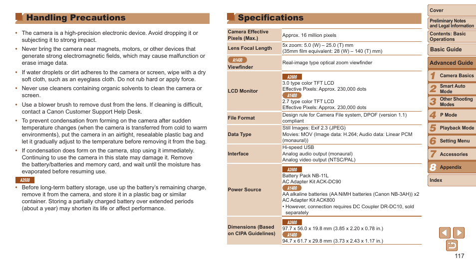 Handling precautions, Specifications | Canon PowerShot A2600 User Manual | Page 117 / 124