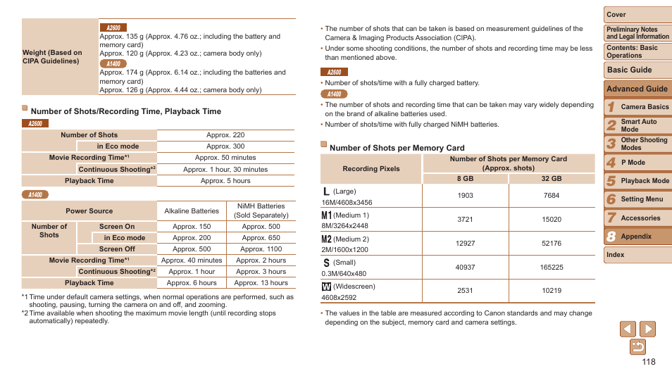 See “number of shots/recording time, Playback time, Memory card, see “number of shots per memory card | Number of shots per memory card, Resolution | Canon PowerShot A2600 User Manual | Page 118 / 124