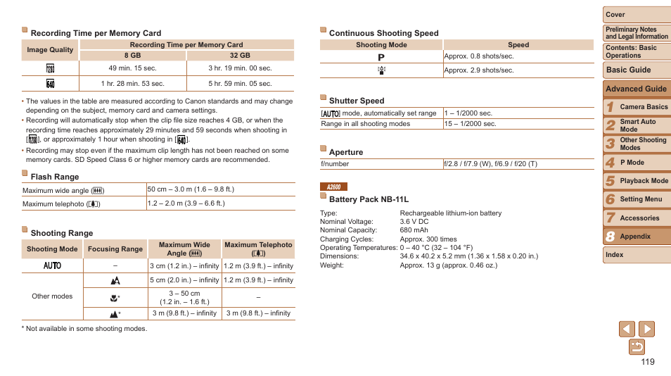 Flash range, Shooting range, See “recording time per memory card | Mode, see “shooting range, Speed, Details on the focusing range, see “shooting range, On the focusing range, see “shooting range, Make sure subjects are within focusing range, Time | Canon PowerShot A2600 User Manual | Page 119 / 124