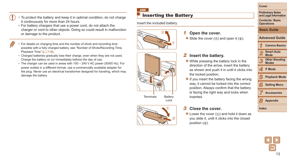 Inserting the battery | Canon PowerShot A2600 User Manual | Page 13 / 124